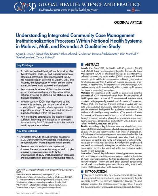 iCCM Institutionalization Processes in Malawi, Mali, and Rwanda