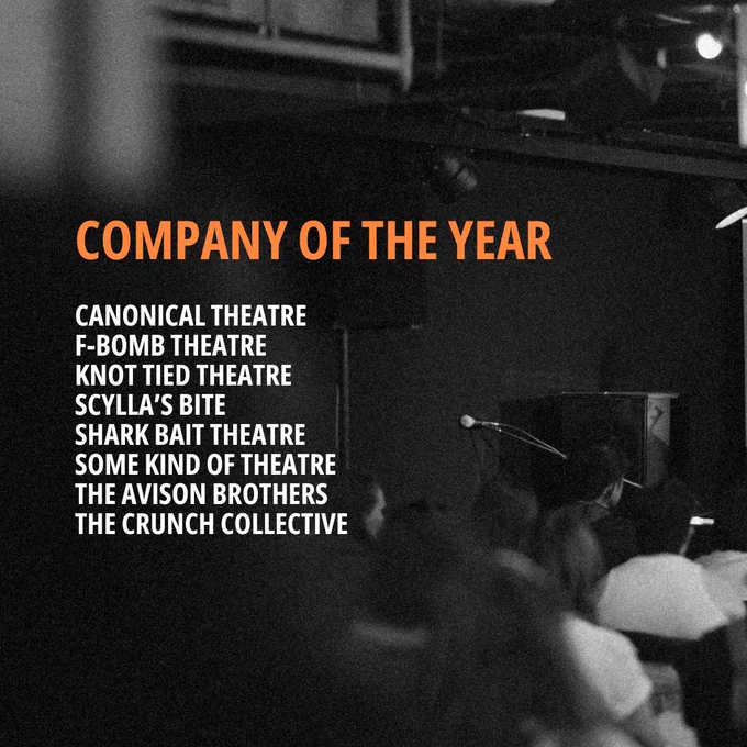Grainy black and white image from Framework Festival 2024 with the name of each longlisted for Company of the Year.