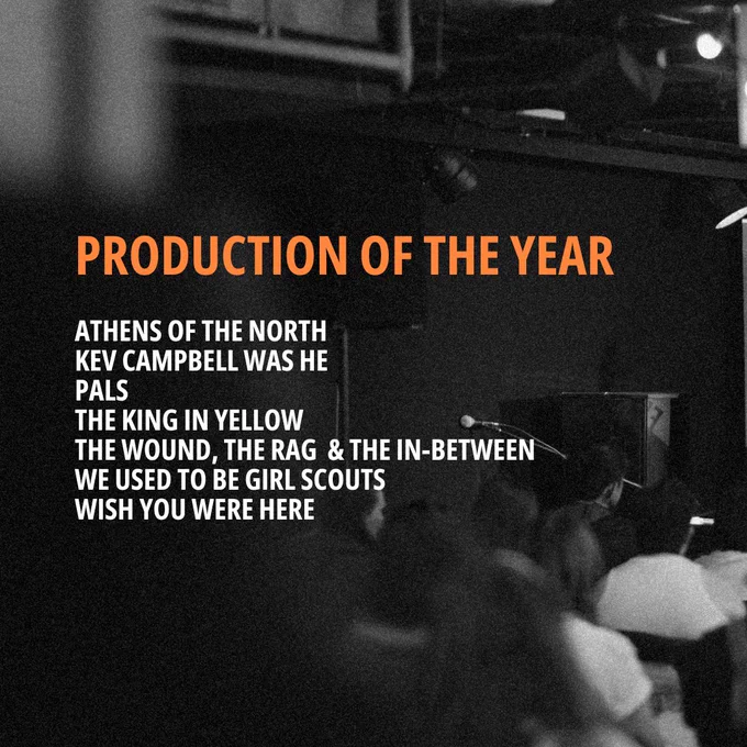 Grainy black and white image from Framework Festival 2024 with the name of each longlisted for Production of the Year.
