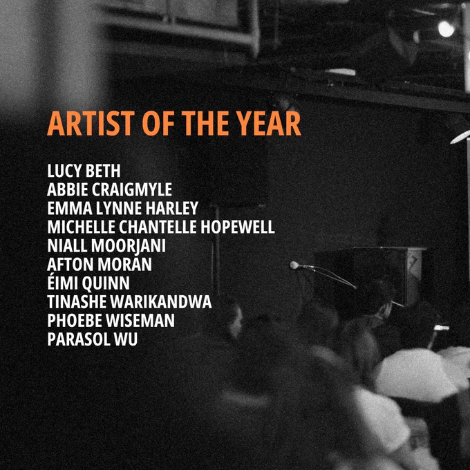 Grainy black and white image from Framework Festival 2024 with the name of each longlisted for Artist of the Year.