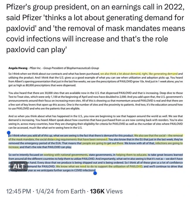 Excerpt from a Pfizer earnings call detailing their desire to fight masking in order to drum up business for Paxlovid.