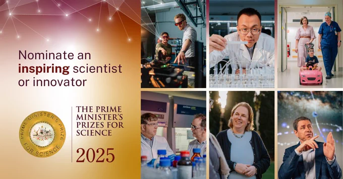 Image of 2024 recipients of Science and innovation prizes. Text says 'Nominate an inspiring scientist or innovator. The Prime Minister's prizes for science'
