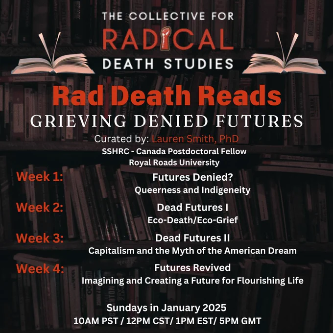 This is a digital promotional graphic for an event titled "#RADDEATHREADS" scheduled for January 2025, with the theme "Grieving Denied Futures." The design features a primarily black background with bold, contrasting colors—white, red, yellow, and blue—used for text and graphics.

In the top section, "#RADDEATHREADS" is displayed in bold white and red text. Below, "January 2025" and "Grieving Denied Futures" are prominently shown, with "Denied" emphasized in red. On the right side, a circular frame with a soft pink outline contains a professional headshot of Lauren Smith, PhD, who is introduced as the curator. Her credentials, "SSHRC - Canada Postdoctoral Fellow, Royal Roads University," appear below in white text.

A wavy, red-and-yellow path stretches diagonally across the center, marked with four numbered blue location pins (1–4), representing weekly topics. Beneath the path, a white-lined table details the topics:
1. "Futures Denied? - Queerness and Indigeneity"
2. "Dead Futures I 