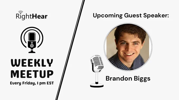 One side showcases a "Weekly Meetup" graphic, while the other displays Brandon, a male with brown hair, wearing a blue striped shirt. 