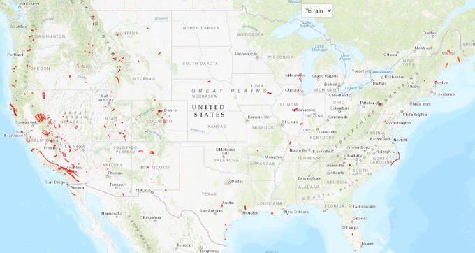 Map of CONUS showing locations of NCALM collected lidar data as red polygons.
