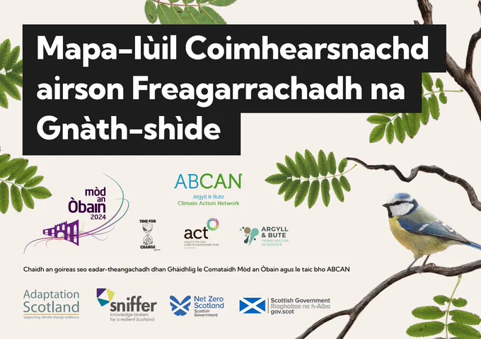 The cover page of the Community Climate Adaptation Routemap in Gaelic. It has a cream background, with green leaves on it, and a bluebird perched on a branch in the lower right corner. The title reads "Mapa-lùil Coimhearsnachd airson  Freagarrachadh na Gnàth-shìde" and underneath are all the logos of those involved in producing the Routemap. 