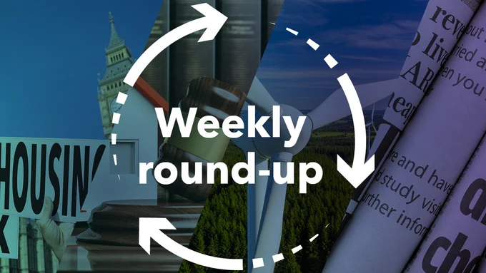 Image shows photo montage representing news from the housing sector, with graphic of white, rotating arrows overlaid and the text in the centre of the rotating arrows reads: "Weekly round-up"