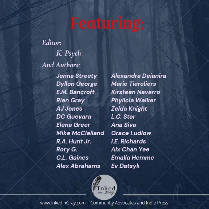 A graphic with a filtered blue forest background. Four segments of text are in the middle of the image, in two toned text.
Red text at the top of the graphic reads: "Featuring:
A body of off-white text in the center of the graphic reads:
"Editor: K. Psych." 
An additional paragraph of text reads:
"And Authors: Jenna Streety, Dyllon George, E.M. Bancroft, Rien Gray, AJ Jones, DC Guevara, Elena Greer, Mike McClelland, R.A. Hunt Jr., Rory G., C.L. Gaines, Alex Abrahams, Alexandra Deianira, Marie Tiereliers, Kirsteen Navarro, Phylicia Walker, Zelda Knight, L.C. Star, Ana Siva, Grace Ludlow, I.E. Richards, Alx Chan Yee, Emalia Hemme, Ev Datsyk" 
A logo for Inked in Gray publishing is at the bottom of the screen, alongside text that reads:
www.InkedInGray.com | Community Advocates and Indie Press