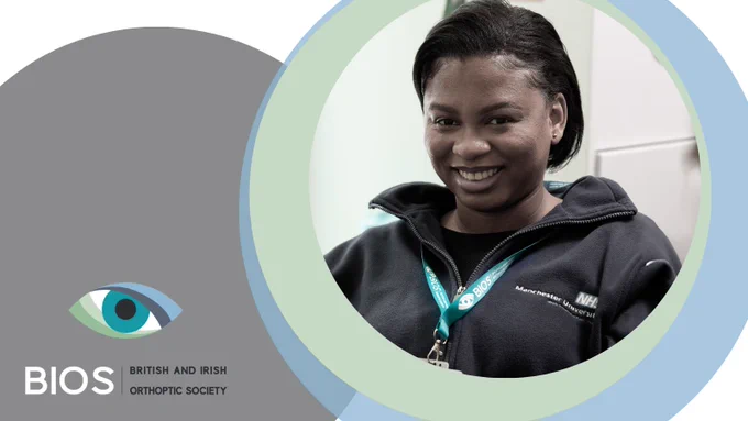 Photo of member smiling, wearing BIOS lanyard, within pattern of circles including BIOS logo.