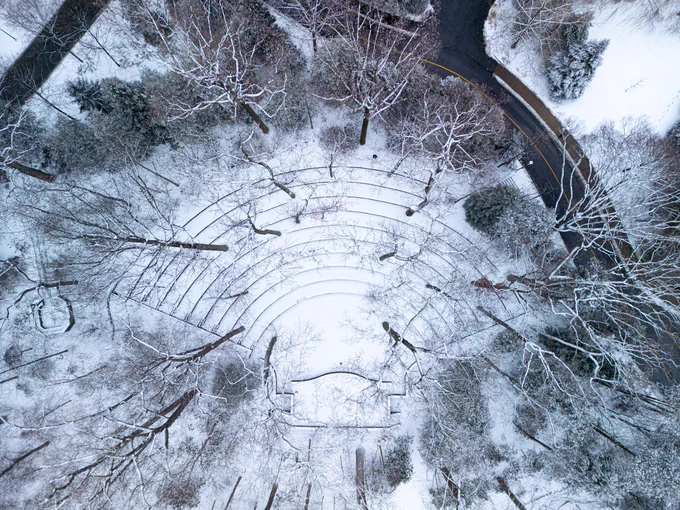 Snow covered Scott Outdoor Amphitheater from drone.