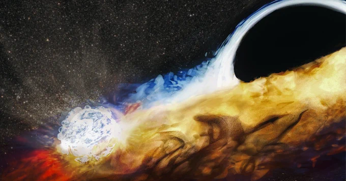 Artistic depiction of a celestial scene featuring a black hole pulling material from a nearby star, set against a starry background. The colors range from deep blues and blacks near the black hole to vibrant oranges and reds around the star.