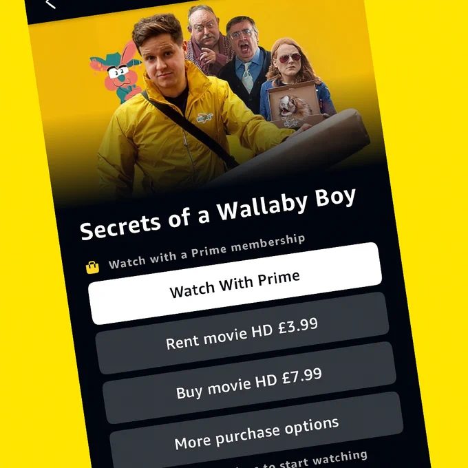 Secrets of a Wallaby Boy on Prime Video screenshot, with buttons to Watch with Prime, Rent for £3.99, or buy for £7.99.