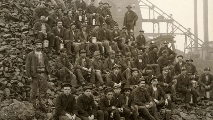 Vintage photo of a group of miners sitting on a mound of coal
