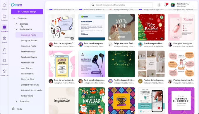 Screenshot of Canva with designs in spanish