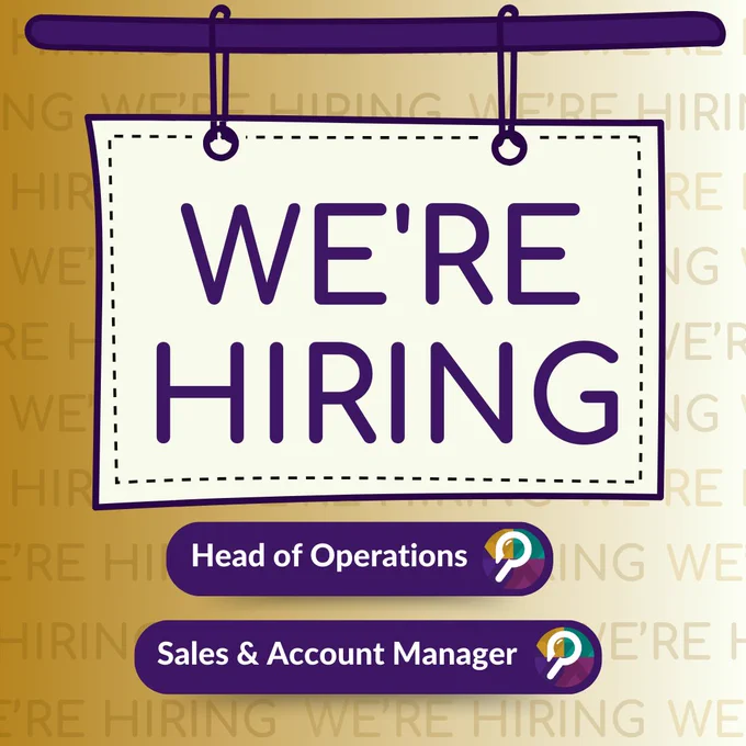 A gold to white gradient background. Text reads 'We're hiring: Head of Operations and Sales & Account Manager'. Dark purple text at the bottom reads 'Apply now at patchworkhub.org'.