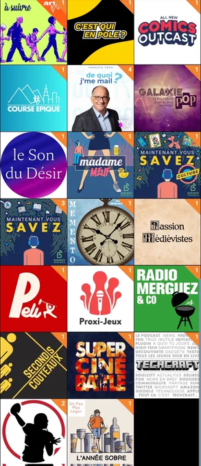 Capture d'écran de l'application Podcast addict
A suivre 
C'est qui en pole
Comics outcast 
Course épique 
De quoi j'me mail
Galaxie Pop
Le son du désir 
Madame meuf
Maintenant vous savez 
Mémento 
Passion médiévistes 
Peli 
Proxi-jeux
Radio merguez & Co
Seconds couteaux 
Super ciné battle
Techcraft 
TD Actu
Un peu plus léger 