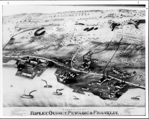 Sketch showing an artist's rendering of various mining operations