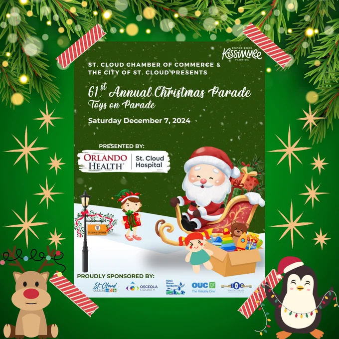A graphic with various holidays symbols including a reindeer and a penguin located at the bottom. The graphic contains a flyer which shares information about the 61st Annual Christmas Parade taking place in downtown St. Cloud at 10 a.m. on December 7, 2024.