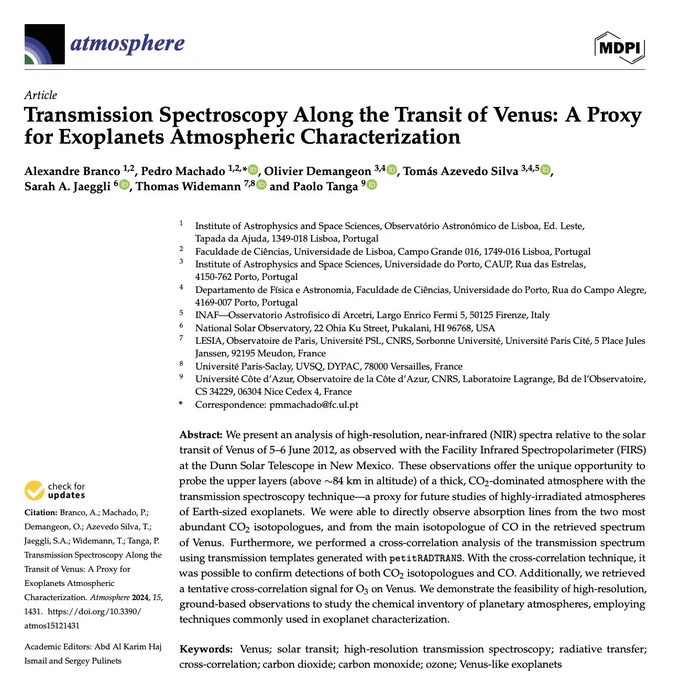 Screen capture of the first page of research article 'Transmission Spectroscopy Along the Transit of Venus: A Proxy for Exoplanets Atmospheric Characterization'. A link to this article is in the next tweet of this thread.