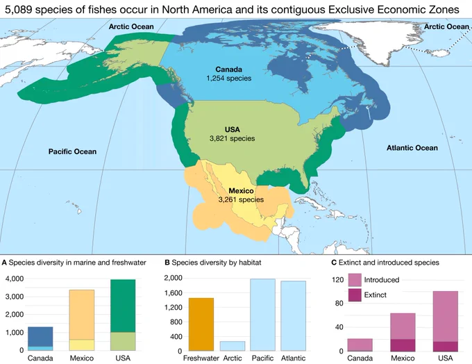 Region covered by the 8th edition of Common and Scientific Names of Fishes from the United States, Canada, and Mexico prepared by the
American Fisheries Society/American Society of Ichthyologists and Herpetologists (AFS/ASIH) Committee on Names of Fishes. Canada, the USA, and Mexico and their respective exclusive economic zones (EEZs) are shown. Note that Hawaii, Puerto Rico, and other territories outside of continental North America are not included in the list. Dashed lines indicate the ocean boundaries. (A) Species richness, showing the number of marine versus freshwater species in each country (darker tones represent marine species). (B) Species richness by habitat (freshwater in orange, marine in blue). (C) Number of introduced and extinct species in each country.