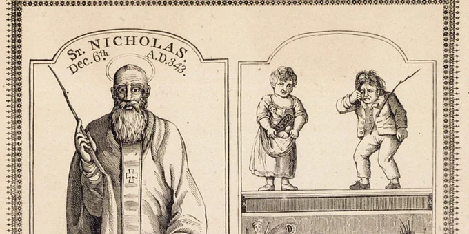 The photograph on the right is a black and white broadside. A broadside is similar to a newspaper article. This sheet of paper had information about St. Nicholaus Day.