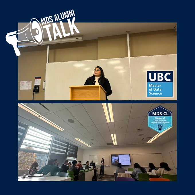 Text that reads MDS Alumni talk and photos of Varshita and Hao Chen giving talks in front of a classroom.