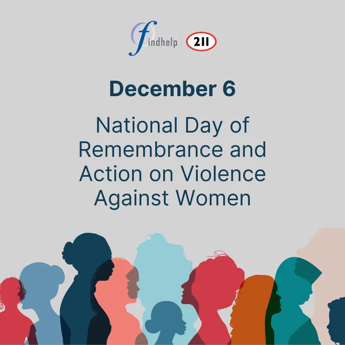 Alt-text: Illustration of silhouette of women side by side and text that reads “December 6 National Day of Remembrance and Action on Violence Against Women”