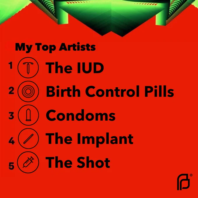 [Image description: List titled "My Top Artists" featuring symbols and names of birth control methods. From top to bottom: 1. The IUD, 2. Birth Control Pills, 3. Condoms, 4. The Implant, 5. The Shot, set against a bright red and green geometric background.]