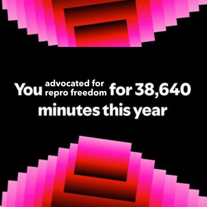 [image description: Graphic featuring bold text that reads "You advocated for repro freedom for 38,640 minutes this year" against a background with abstract pink and black geometric shapes.]