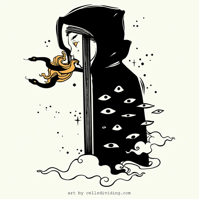 artwork of a witch with snakes