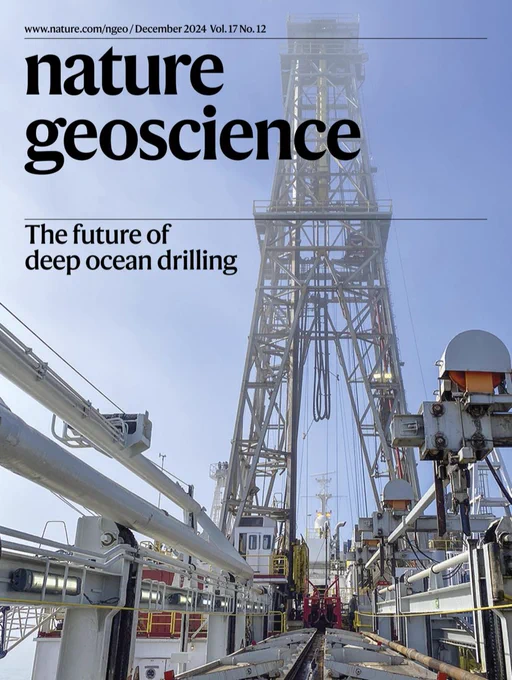 December 2024 Nature Geoscience cover

The future of deep ocean drilling

The recent decommissioning of the JOIDES Resolution vessel run by the International Ocean Drilling Program presents a challenge for research reliant on deep-ocean drilling. The image shows the ship’s drilling derrick behind pipe racks involved in the collection of deep-sea sediment cores during International Ocean Discovery Program Expedition 403 to the Fram Strait during the summer of 2024.

Image: Thomas Ronge, IODP JRSO
Cover design: Alex Wing