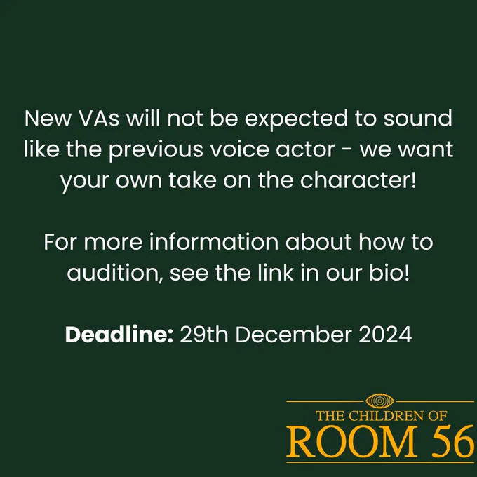 New VAs will not be expected to sound like the previous voice actor - we want your own take on the character!

For more information about how to audition, see the link in our bio!

Deadline: 29th December 2024