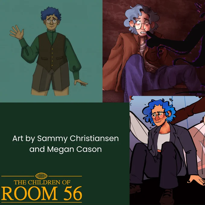 Three images of a young white trans man with tan skin and curly blue hair. Text reads: "Art by Sammy Christiansen and Megan Cason."
