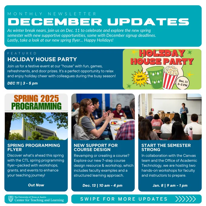 Holiday House Party
Celebrate with games, refreshments, and door prizes.
Date: Dec. 11 | Time: 3–5 PM

Spring Programming Flyer
Discover upcoming workshops, grants, and events for spring.

New Support for Course Design
Join a 7-step course design workshop with faculty examples and a structured approach.
Date: Dec. 13 | Time: 10 AM–4 PM

Start the Semester Strong
Prepare for the semester with Canvas and Academic Technology workshops.
Date: Jan. 8 | Time: 9 AM–1 PM