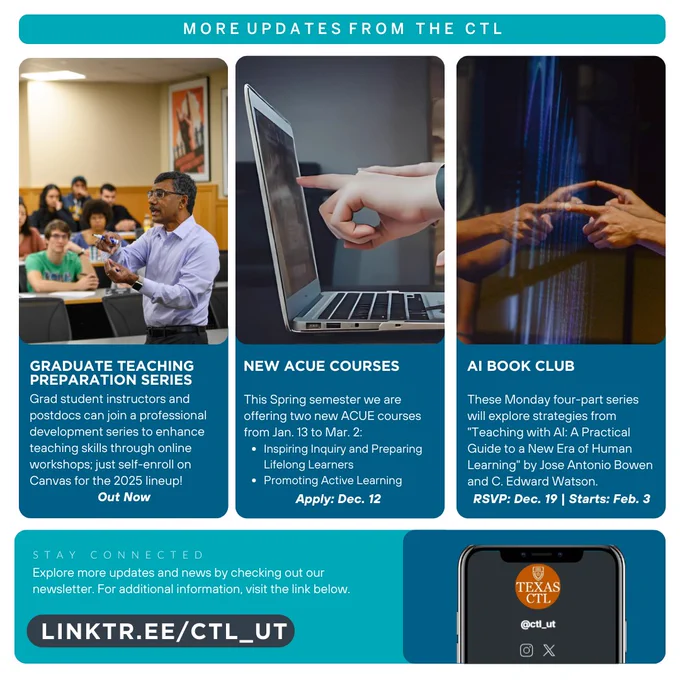 Graduate Teaching Preparation Series
Grad students and postdocs can enhance teaching skills through online workshops. Self-enroll on Canvas for the 2025 lineup.

New ACUE Courses
Spring ACUE courses run Jan. 13 to Mar. 2:

Inspiring Inquiry and Preparing Lifelong Learners
Promoting Active Learning
Apply by Dec. 12.
AI Book Club
Join a four-part series exploring "Teaching with AI" starting Feb. 3. RSVP by Dec. 19.