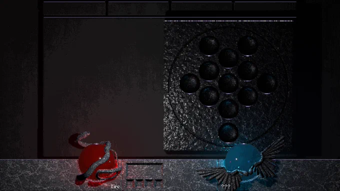 Screenshot showing a (partially implemented) game menu screen. On the right side there's a section with several circular "slots" arranged in a honeycomb pattern with a stone material, for a video game skill tree.