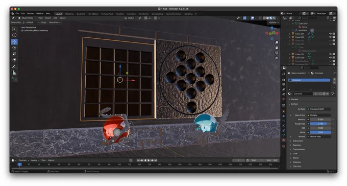 A screenshot of the Blender 3d modeling app, showing the meshes/materials that make up the game menu from the parent post