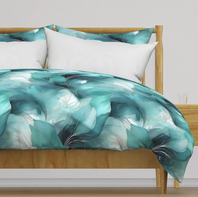 Swirling turquoise leaves create a sense of movement and tranquility. Delicate lines interweave amongst the layers, adding complexity and depth.