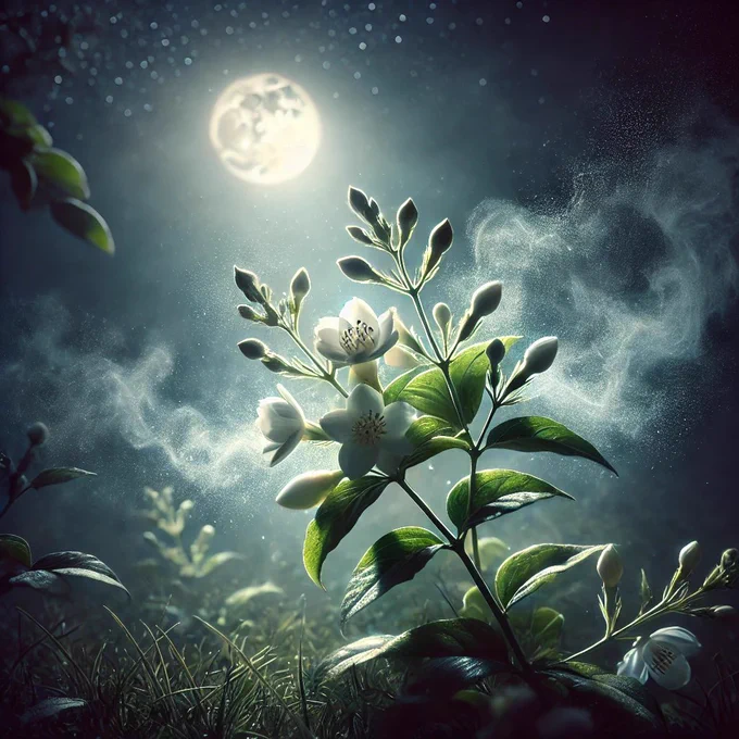 A serene jasmine plant under moonlight, releasing its delicate fragrance into the night air. The image captures the quiet strength of timing and presence.