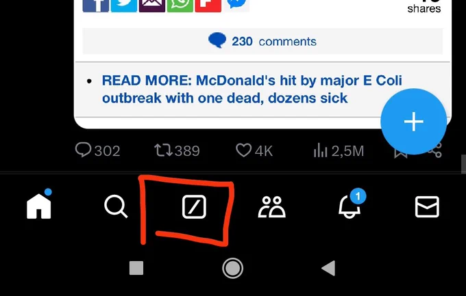 Twitter screenshot showing the mobile taskbar with the grok symbol marked with a red drawn border.