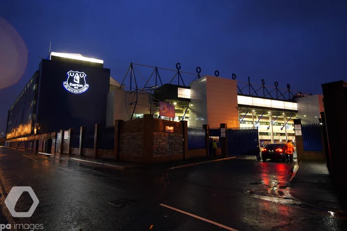 An external view of Goodison Park lit up early this morning