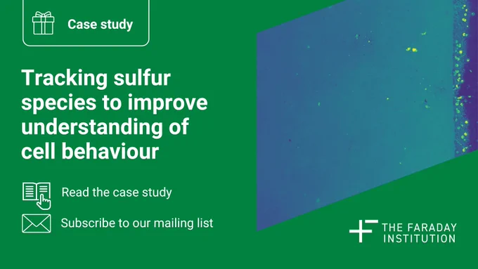  A social media card for a case study: Tracking sulfur species to improve understanding of cell behaviour. Two calls to actions to : Read the case study and Subscribe to our mailing list. An image of the electrolyte of a lithium sulfur battery is imaged using optical fluorescence microscopy. The colour seen in the images correlates to localised polysulfide concentration – enabling direct observation of the polysulfide shuttle effect.
