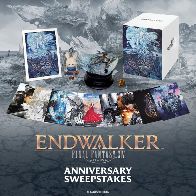 Final Fantasy 14 Online Endwalker Anniversary Sweepstakes. Photograph shows the Endwalker Collector’s Box and its contents, which include, from left to right: Endwalker art collection and frame set, Loporrit mini plush, a Warrior of Light paladin figure, an Azem pin, and the Endwalker special art box.