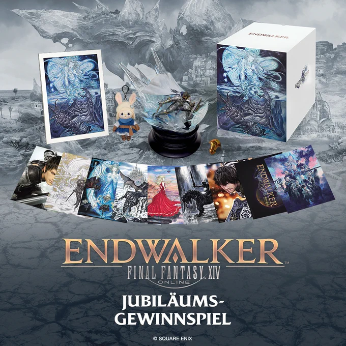 Ein Banner mit dem Logo von Final Fantasy 14 Endwalker und dem folgenden Text am unteren Bildrand: Jubiläums-Gewinnspiel. Darüber sind die Inhalte der Endwalker Collector's Box abgebildet und darunter ein Set aus Kunstdrucken und Rahmen, ein Plüsch-Loporrit, eine Paladin-Figur, ein Azem-Anstecker sowie die Endwalker Special Art Box. 