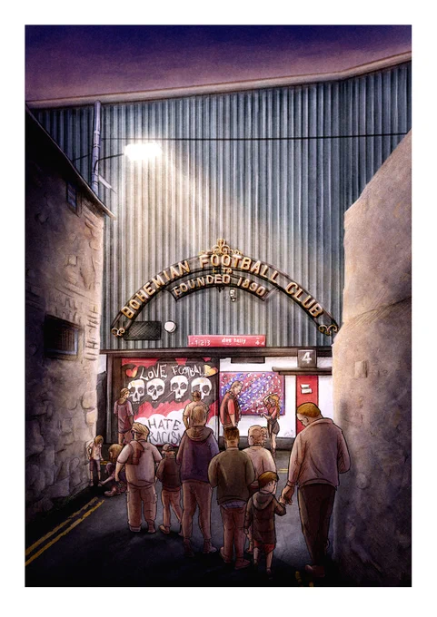 Illustration of the laneway down to Dalymount Park's enterance, with fans walking towards the stadium.
