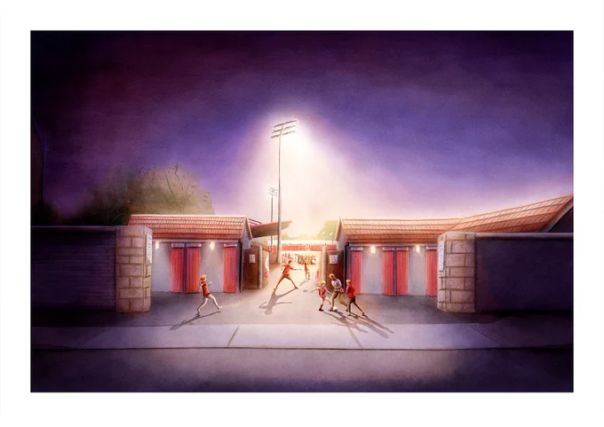 Illustration of the Entrance to The Showgrounds, home of Sligo Rovers, with some kids playing football.
