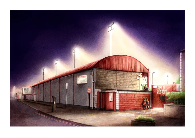 illustration of the entrance to Tolka park on match night, some kids are climbing the wall to watch the game.
