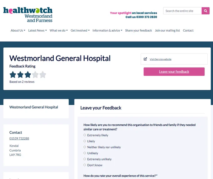 Image shows part of Healthwatch Westmorland and Furness's Feedback Centre entry for Westmorland General Hospital. The listing has three stars (out of five), the hospital's contact details, and asks if the viewer would recommend the service. 