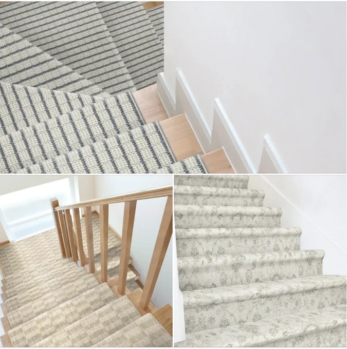 a set of three staircases in varying custom carpet designs