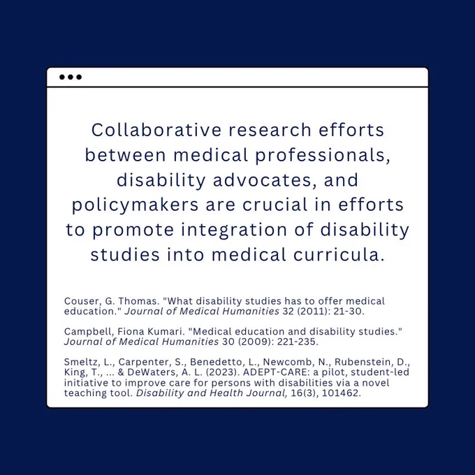 Navy blue background with white square in the center. Within the square, in navy blue text: “Collaborative research efforts between medical professionals, disability advocates, and policymakers are crucial in efforts to promote integration of disability studies into medical curricula.” with smaller navy text at the bottom of the square: “Couser, G. Thomas. "What disability studies has to offer medical education." Journal of Medical Humanities 32 (2011): 21-30.Campbell, Fiona Kumari. "Medical education and disability studies." Journal of Medical Humanities 30 (2009): 221-235.Smeltz, L., Carpenter, S., Benedetto, L., Newcomb, N., Rubenstein, D., King, T., ... & DeWaters, A. L. (2023). ADEPT-CARE: a pilot, student-led initiative to improve care for persons with disabilities via a novel teaching tool. Disability and Health Journal, 16(3), 101462."